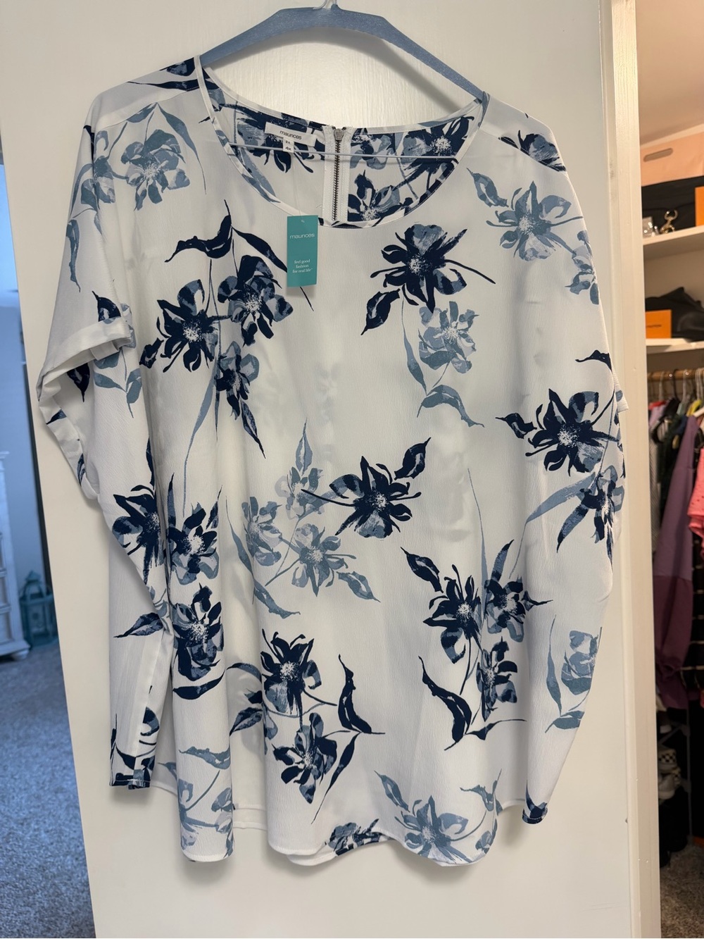 Maurices White Blouse with Navy Floral Print